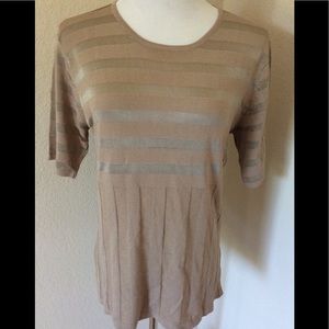 Knit top striped silky stretchy top short sleeves vintage  beige top round neck